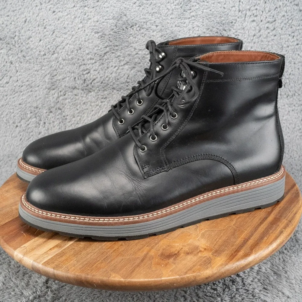 Johnston & Murphy Upton Lug Plain Toe Mens 11.5M Black Oiled Grain Leather Boots
